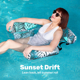 Sloosh hammock floating mat plant-pattern, supports comfortable lounging on calm water.