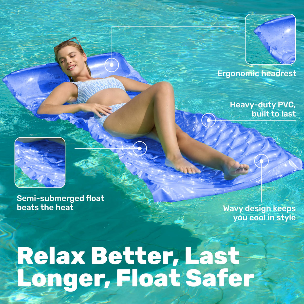 Sloosh headrest floating pillow blue, ergonomic support for comfortable water relaxation.