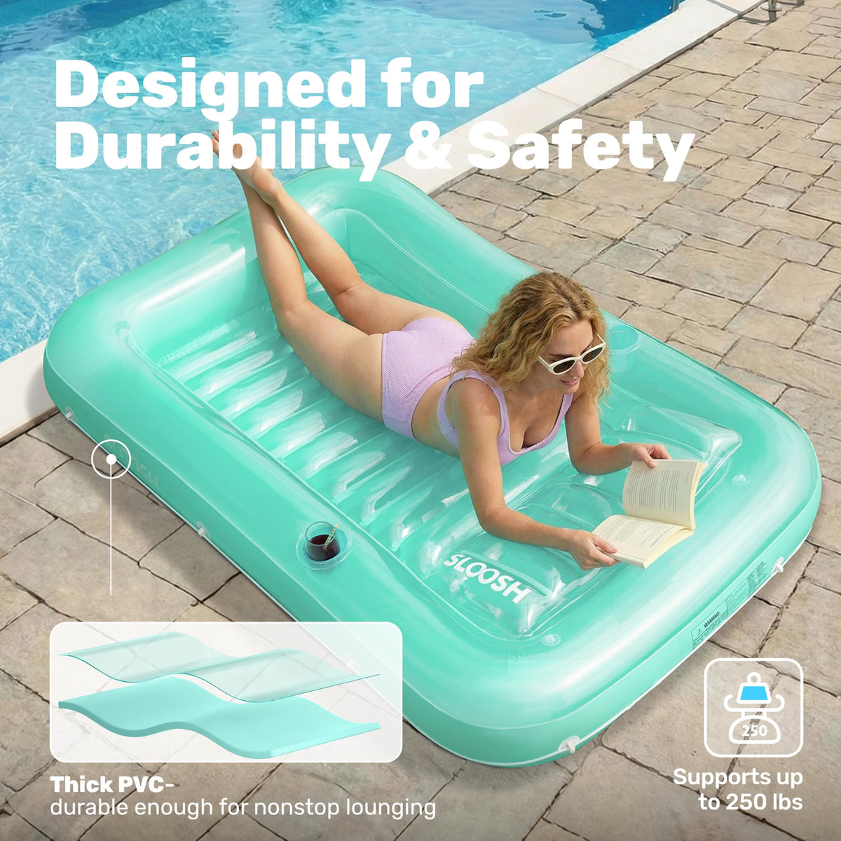 Sloosh heavy-duty UV-resistant PVC 0.3mm for lasting outdoor use.