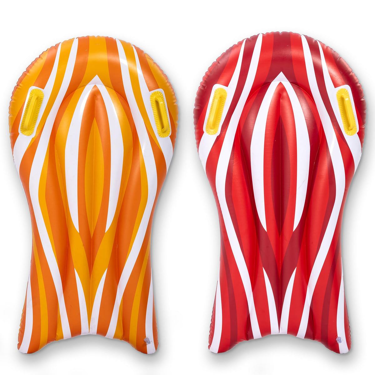 Sloosh inflatable body boards in red and orange for pool and beach fun.