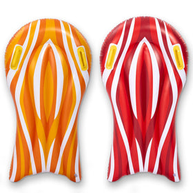 Sloosh inflatable body boards in red and orange for pool and beach fun.
