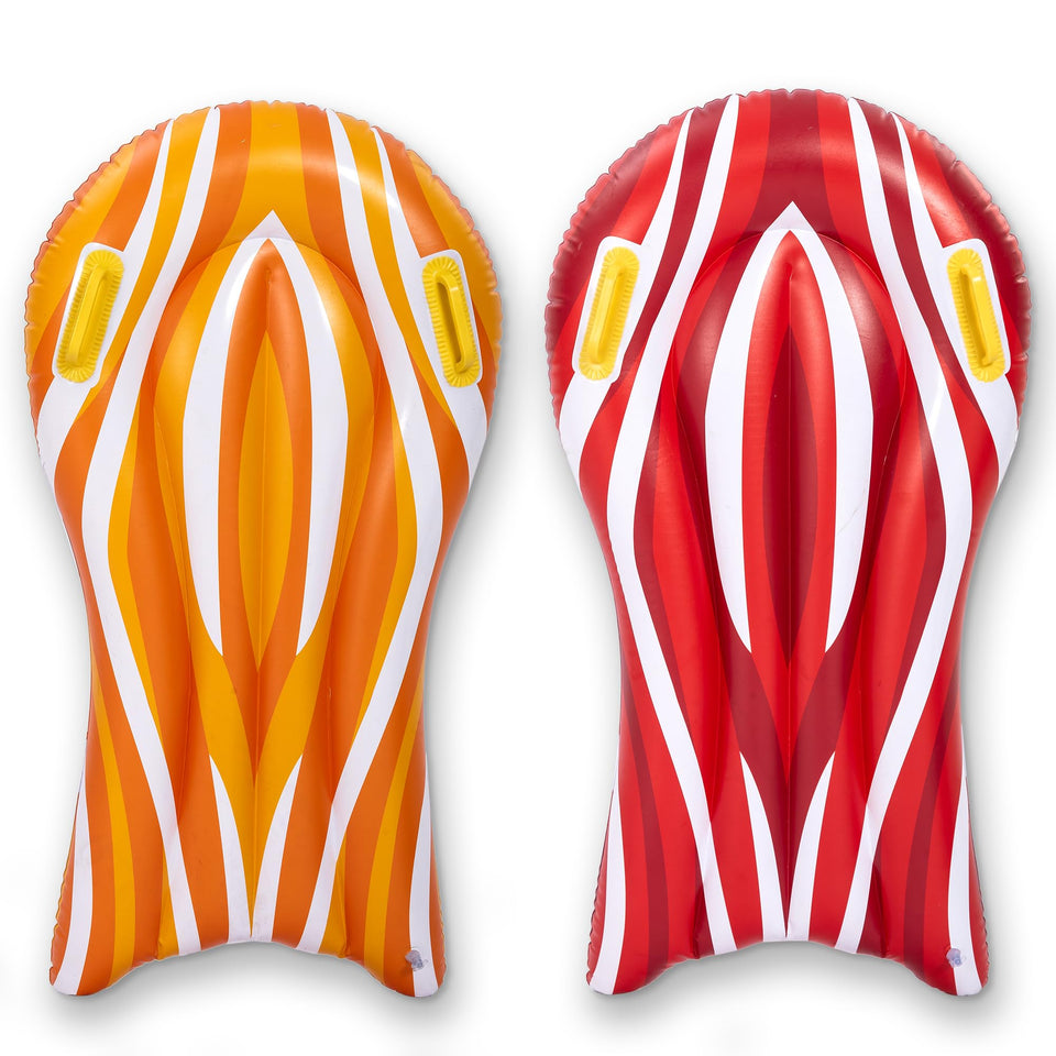 Sloosh inflatable body boards in red and orange for pool and beach fun.