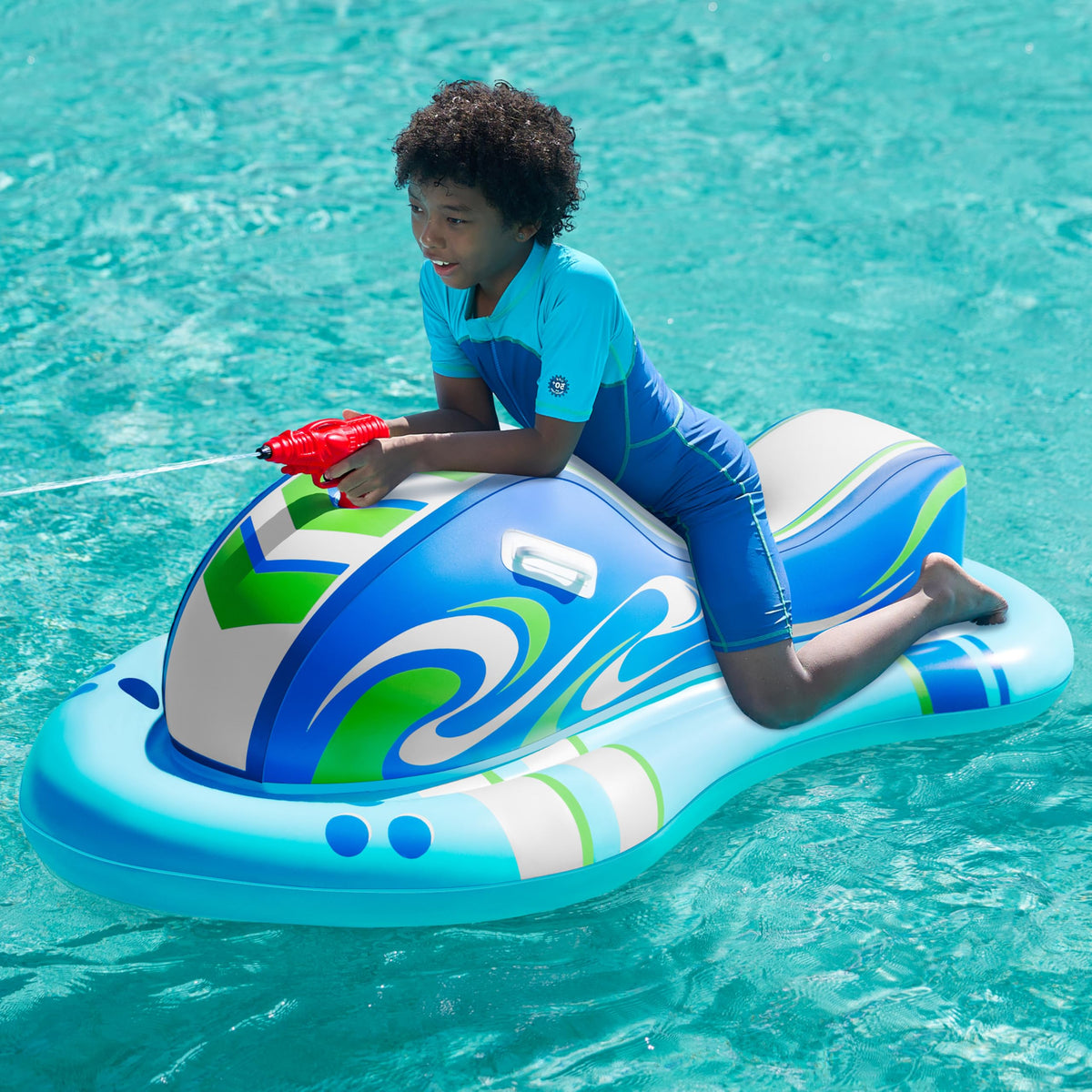 Sloosh inflatable jet ski pool float blue with comfortable seating for kids