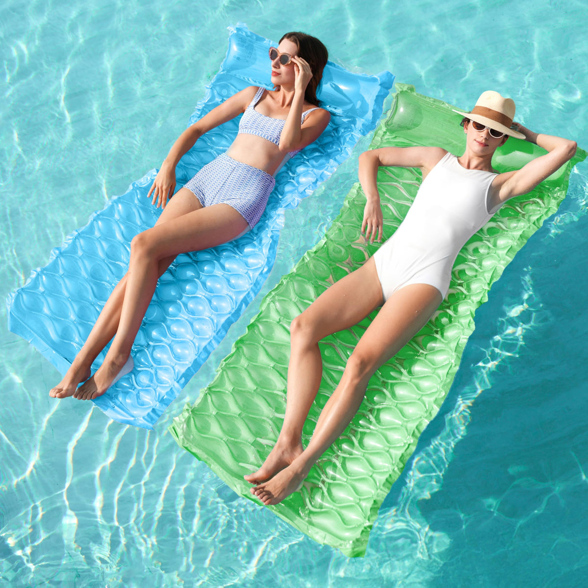 Sloosh inflatable pool float 64x32 in green-blue, ideal for relaxing in hot sun.