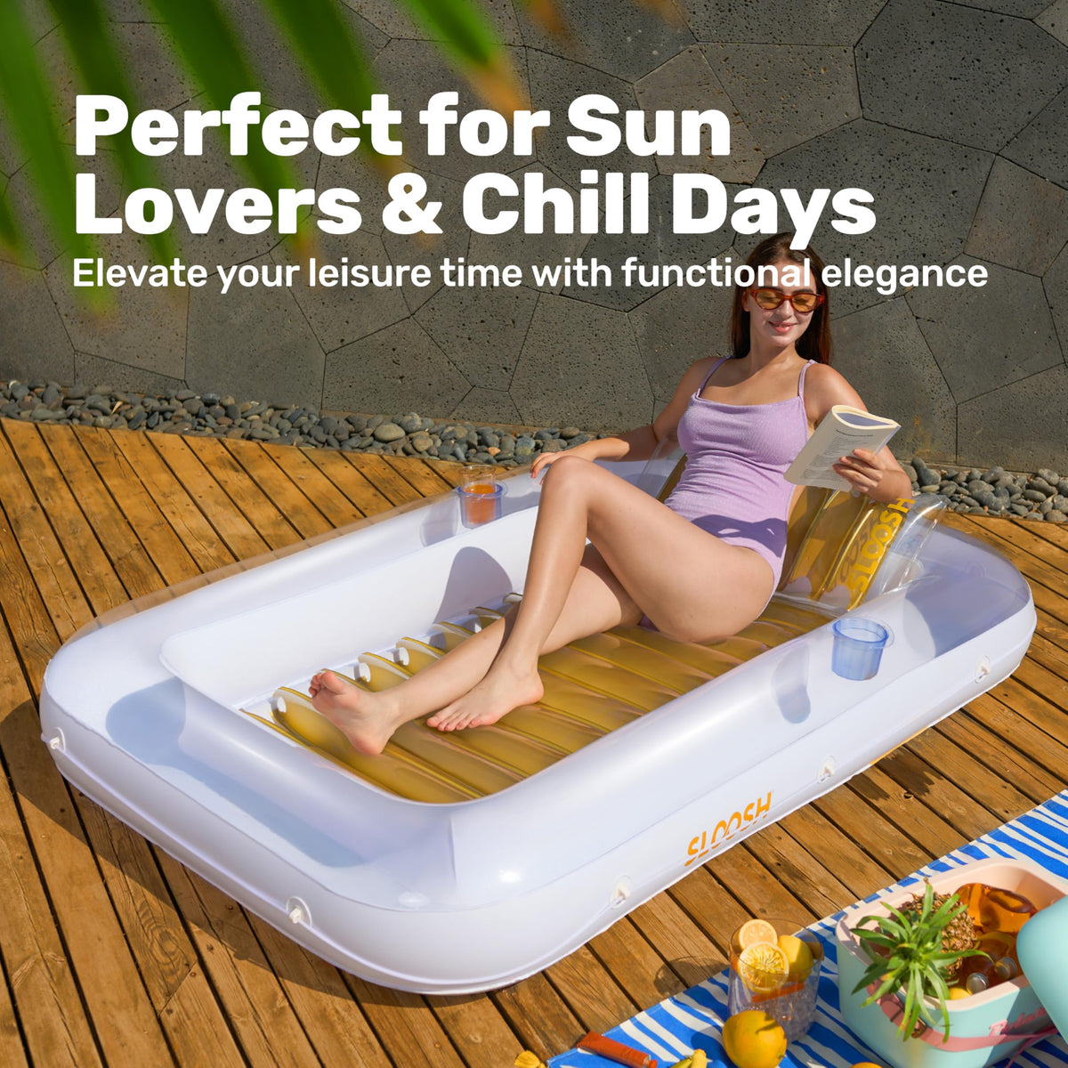 Sloosh inflatable pool float suited for backyard, beach, or lake relaxation.