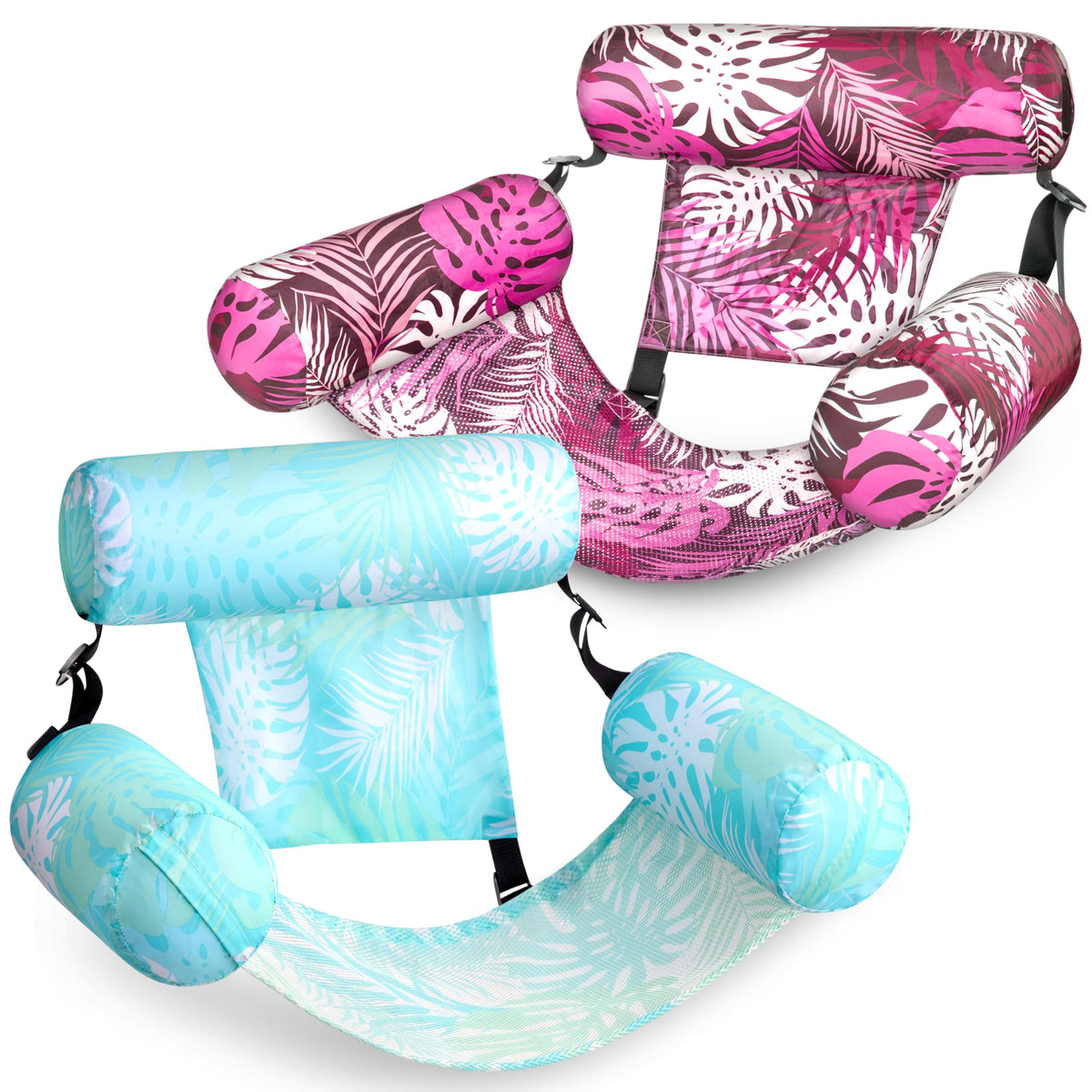 Sloosh inflatable pool float pair in cyan and pink with tropical leaves, ideal for poolside lounging