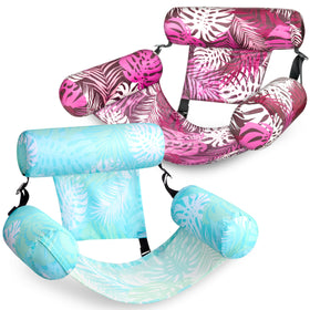 Sloosh inflatable pool float pair in cyan and pink with tropical leaves, ideal for poolside lounging