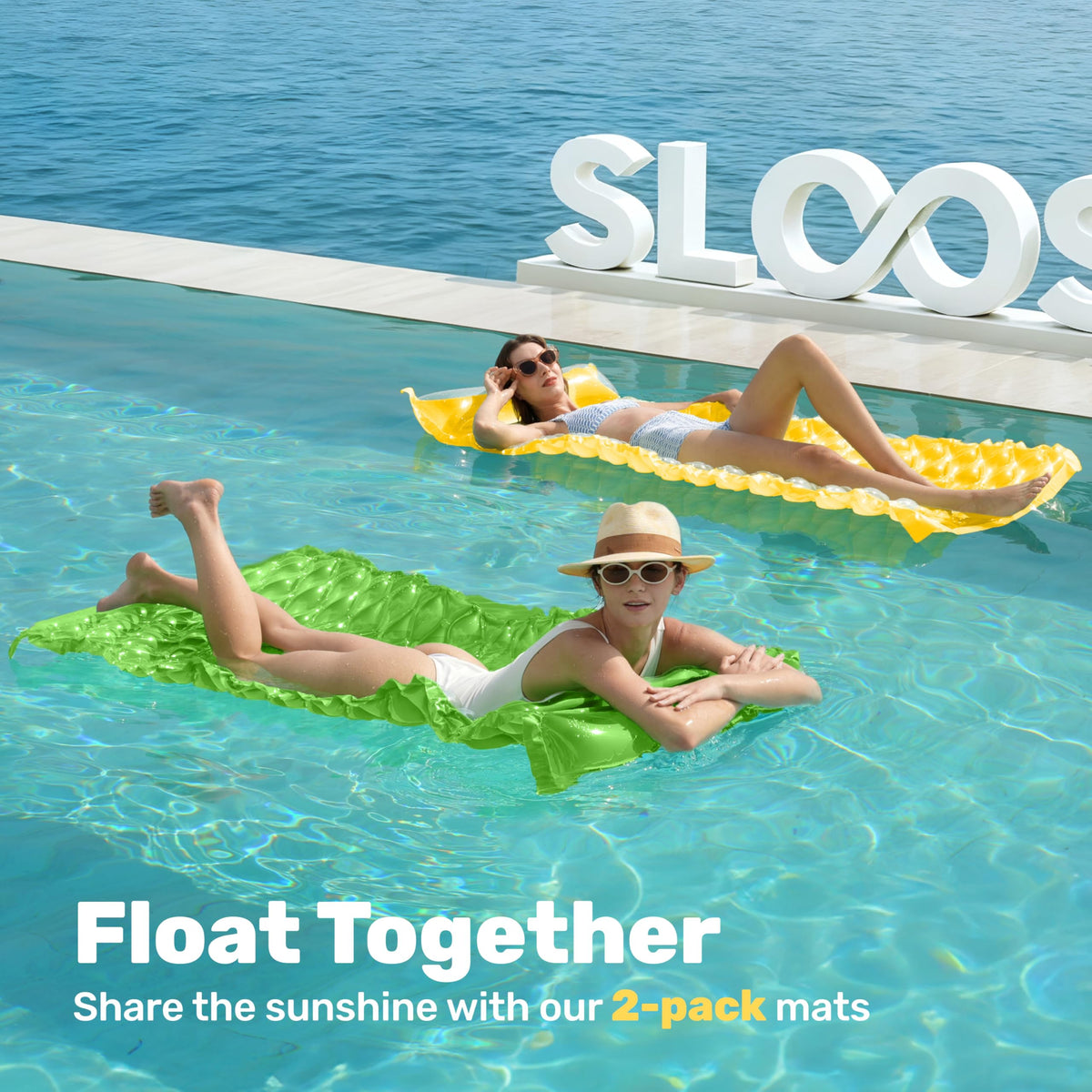 SLOOSH inflatable pool float 64x32 yellow headrest for comfortable lounging