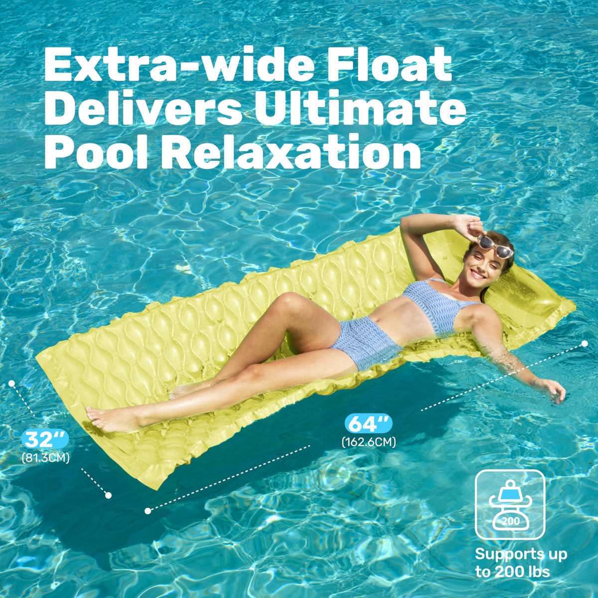 Sloosh yellow inflatable pool mat for broad body support while swimming.