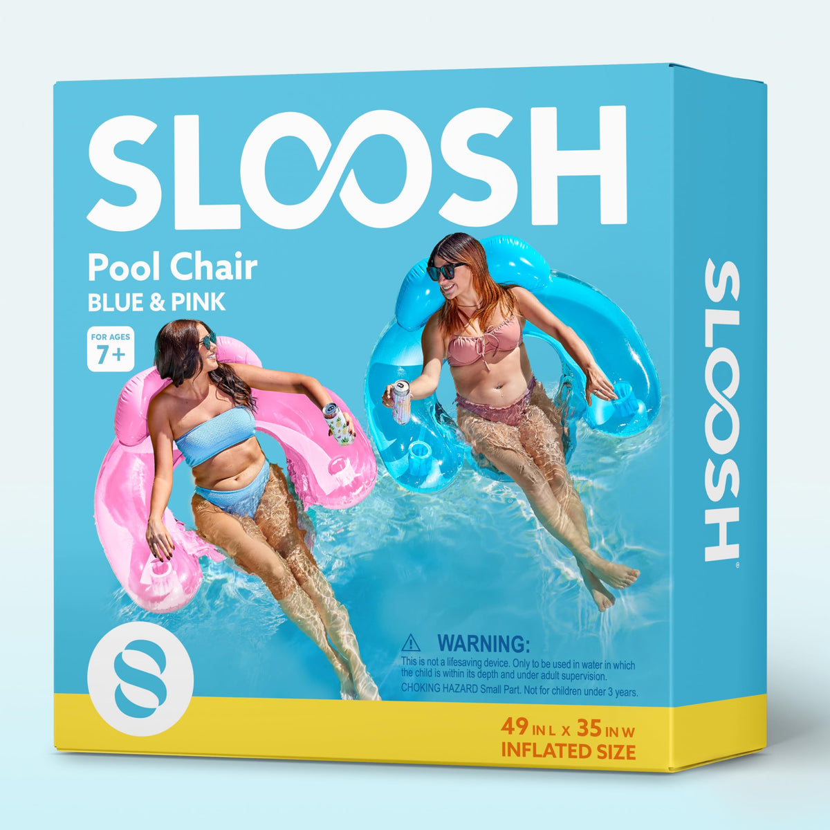 Sloosh floats measure 49in by 35in by 15.5in.