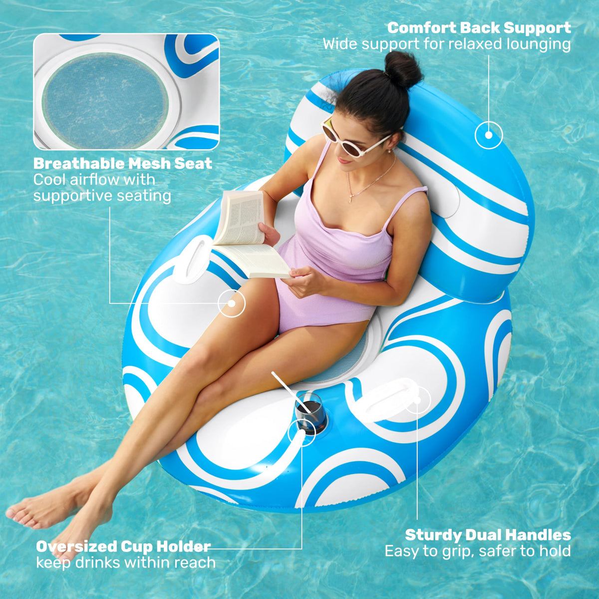 Sloosh pool float with two cup-holders keeps drinks within reach.