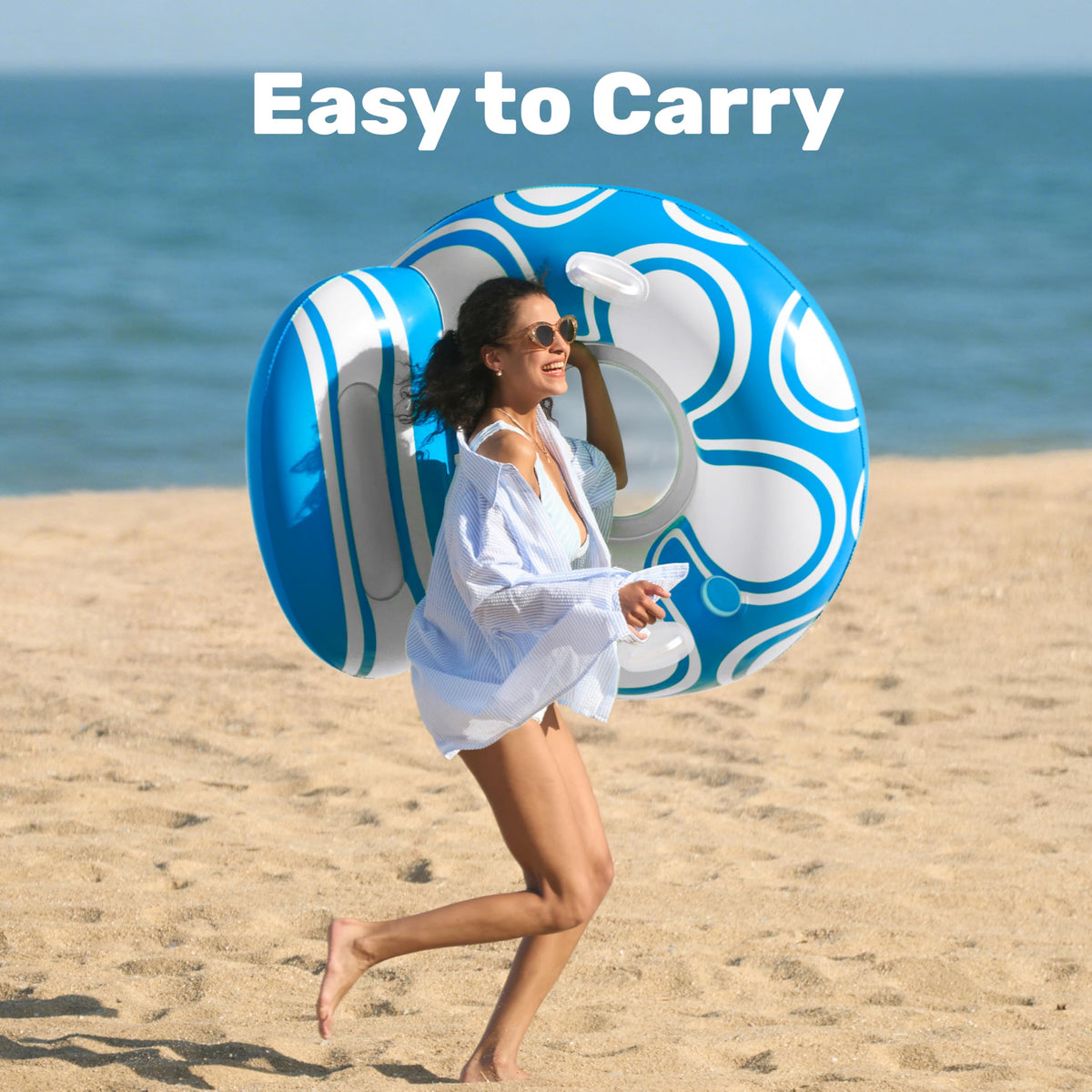 Sloosh inflatable lounger features two-handles for easy transport.