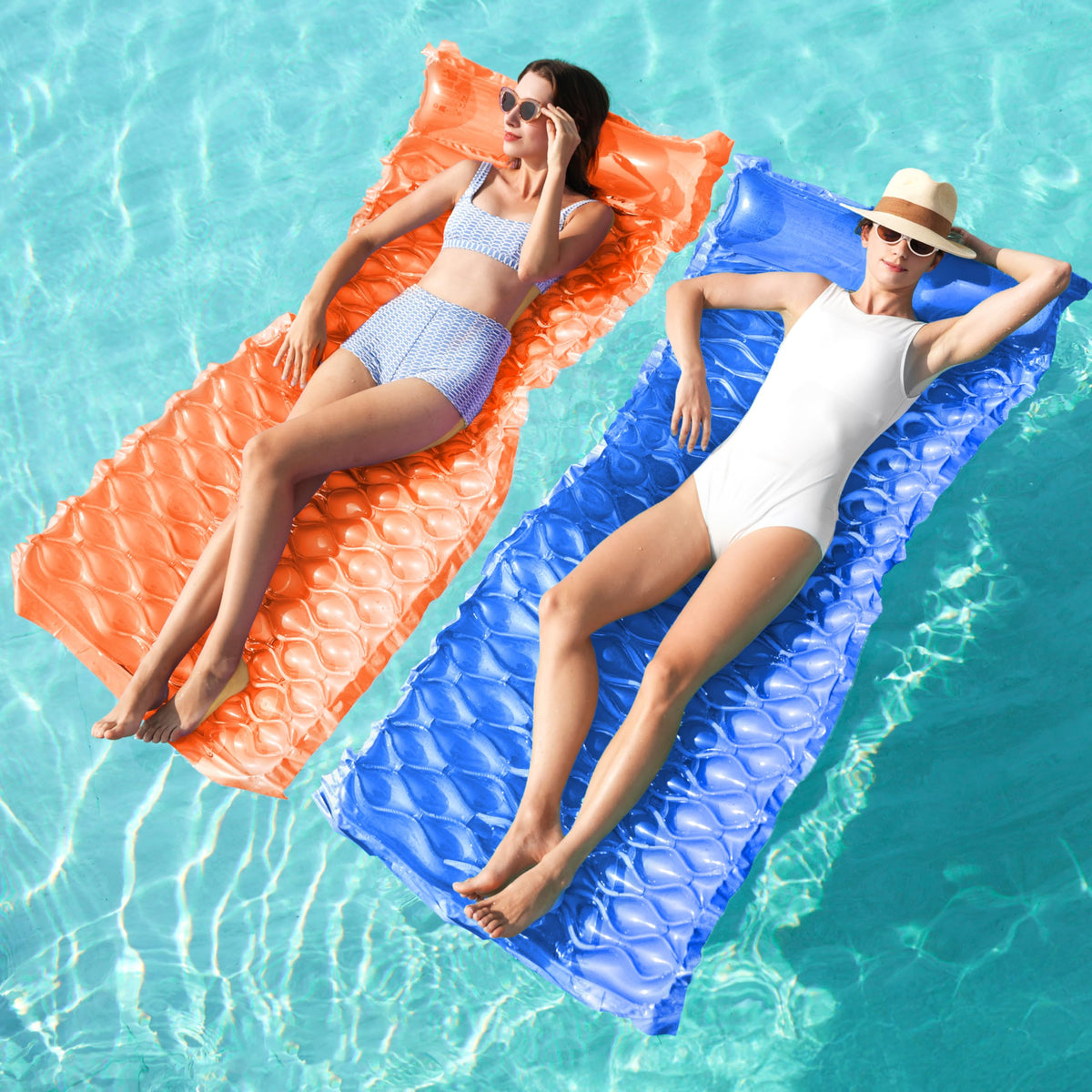 Sloosh inflatable pool floats raft blue orange, perfect for relaxing in the sun.