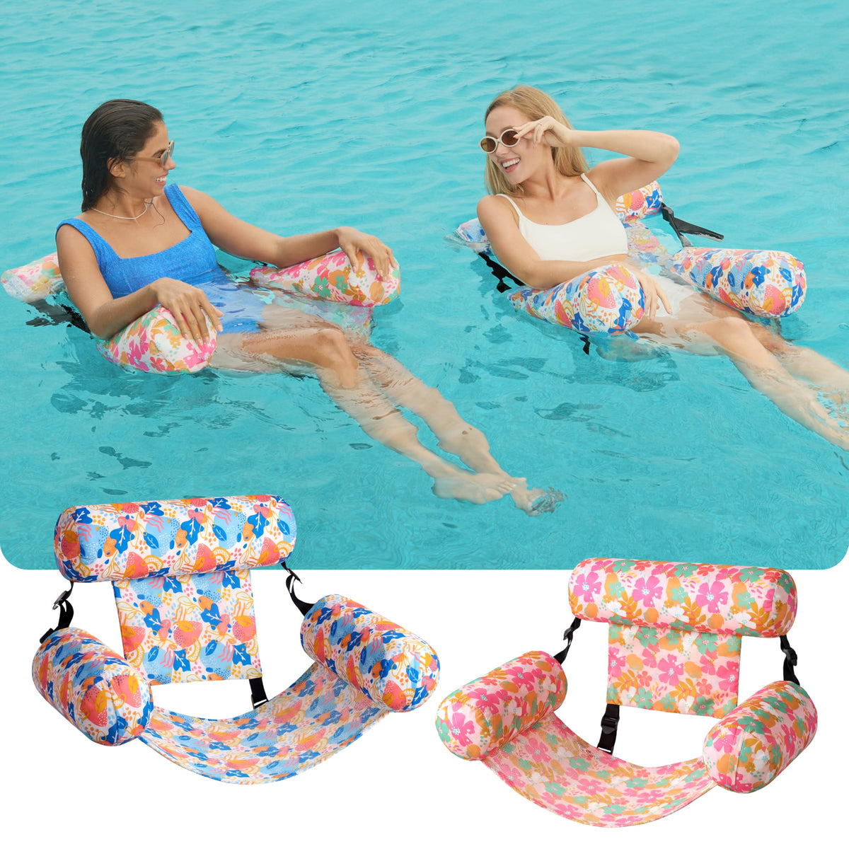 Sloosh inflatable pool lounge chair, foldable for easy transport and storage.