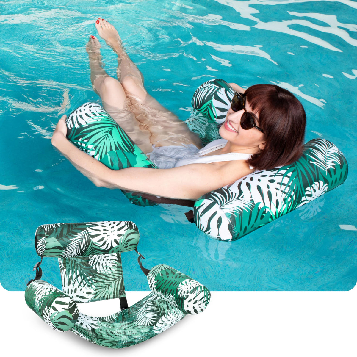 Sloosh inflatable pool lounge in green leaves pattern, perfect for sun-soaked beach days.
