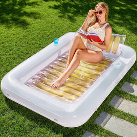 Sloosh inflatable tanning pool lounger 70x46 inches for solo sunbathing and relaxation.