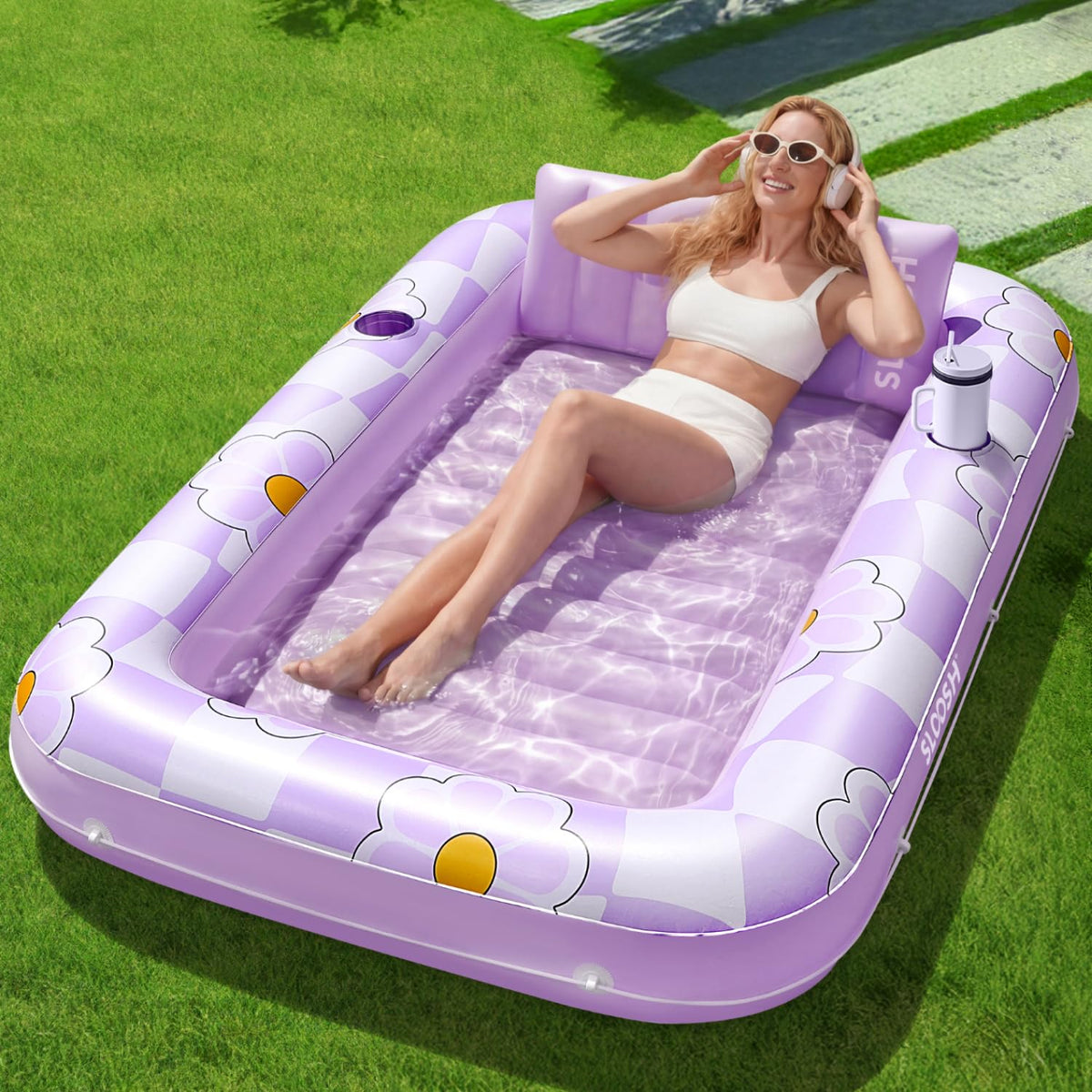 Sloosh inflatable tanning pool lounger (70x46) for solo sunbathing.