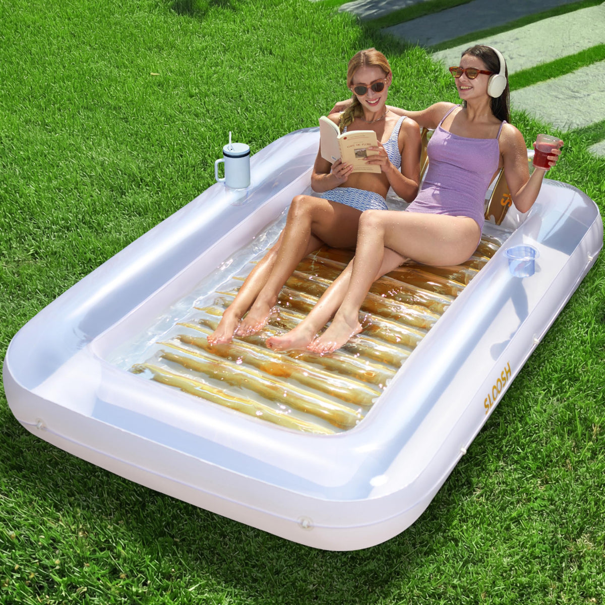 Sloosh inflatable tanning pool lounger, 85x57 inches, golden white, spacious sunbathing.