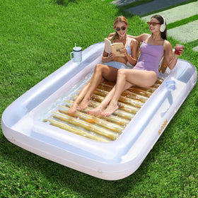 Sloosh inflatable tanning pool lounger, 85x57 inches, golden white, spacious sunbathing.