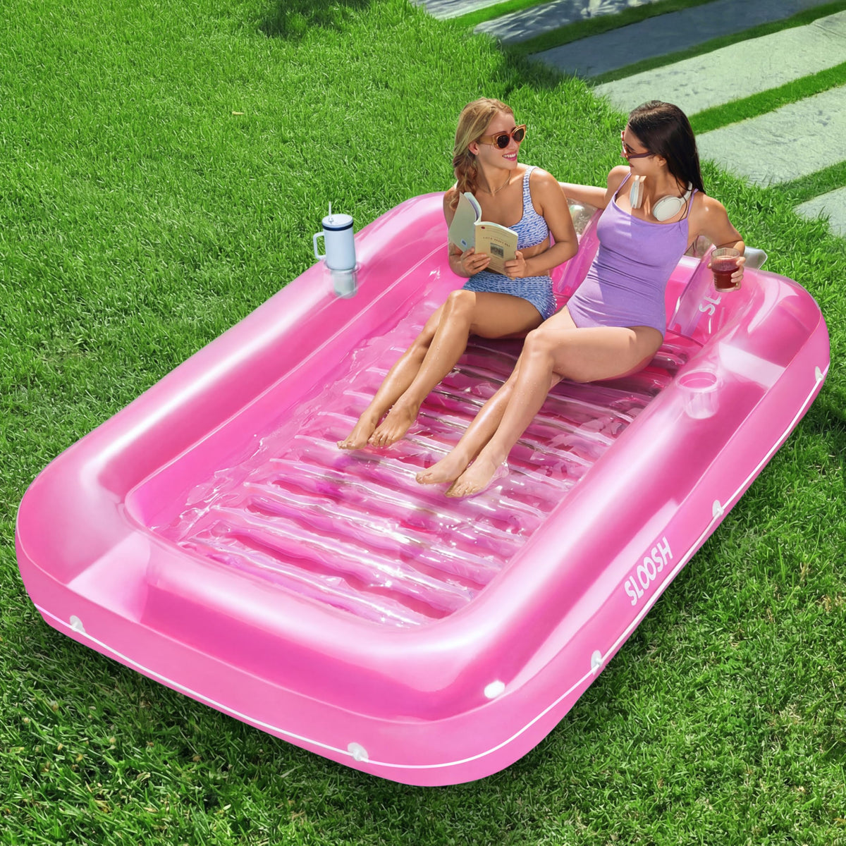 Sloosh inflatable tanning pool lounger 85x57 inches supports two adults for shared sunbathing.