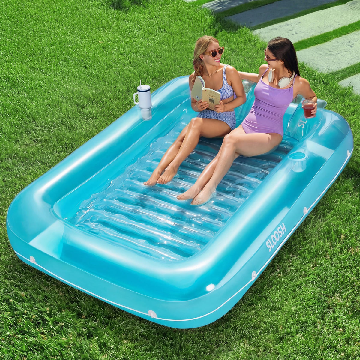 SLOOSH inflatable tanning pool lounger 85x57 offers extra large sunbathing surface.