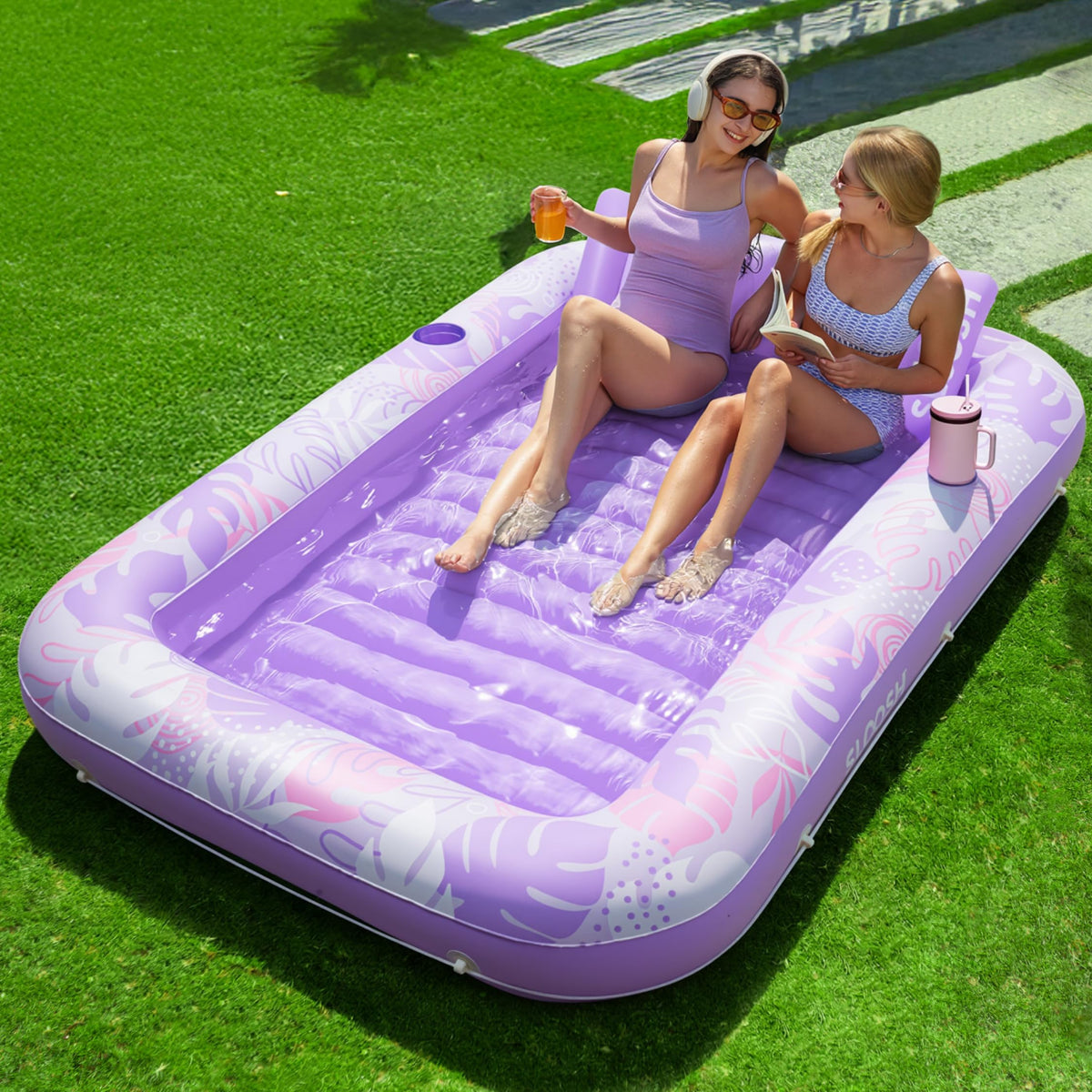 Sloosh inflatable tanning pool lounger with pillow for solo sunbathing