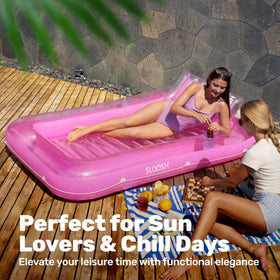 Sloosh pink pool lounger ideal for backyard gatherings and lakeside fun.