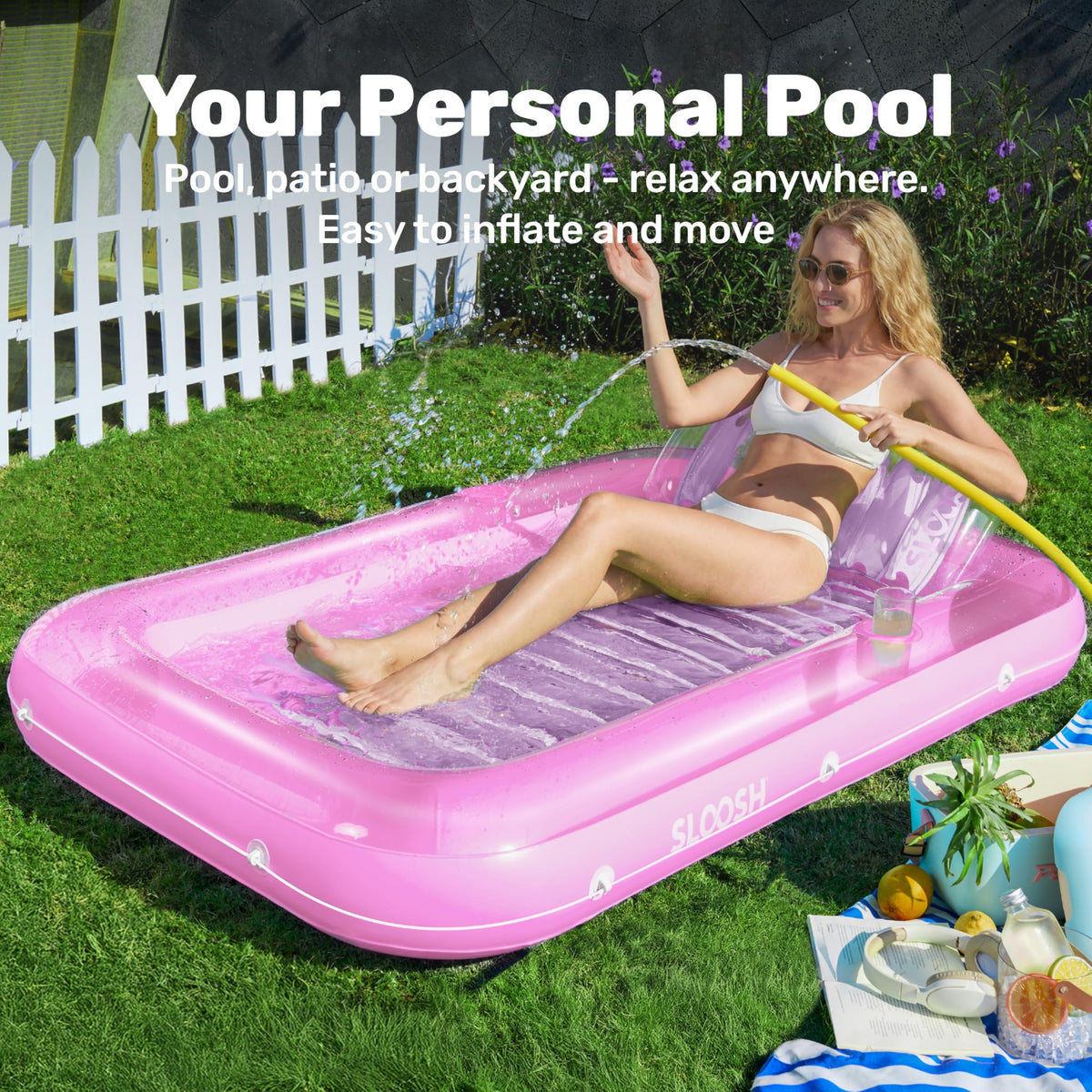 Sloosh tanning pool lounger drink holders for effortless hydration.