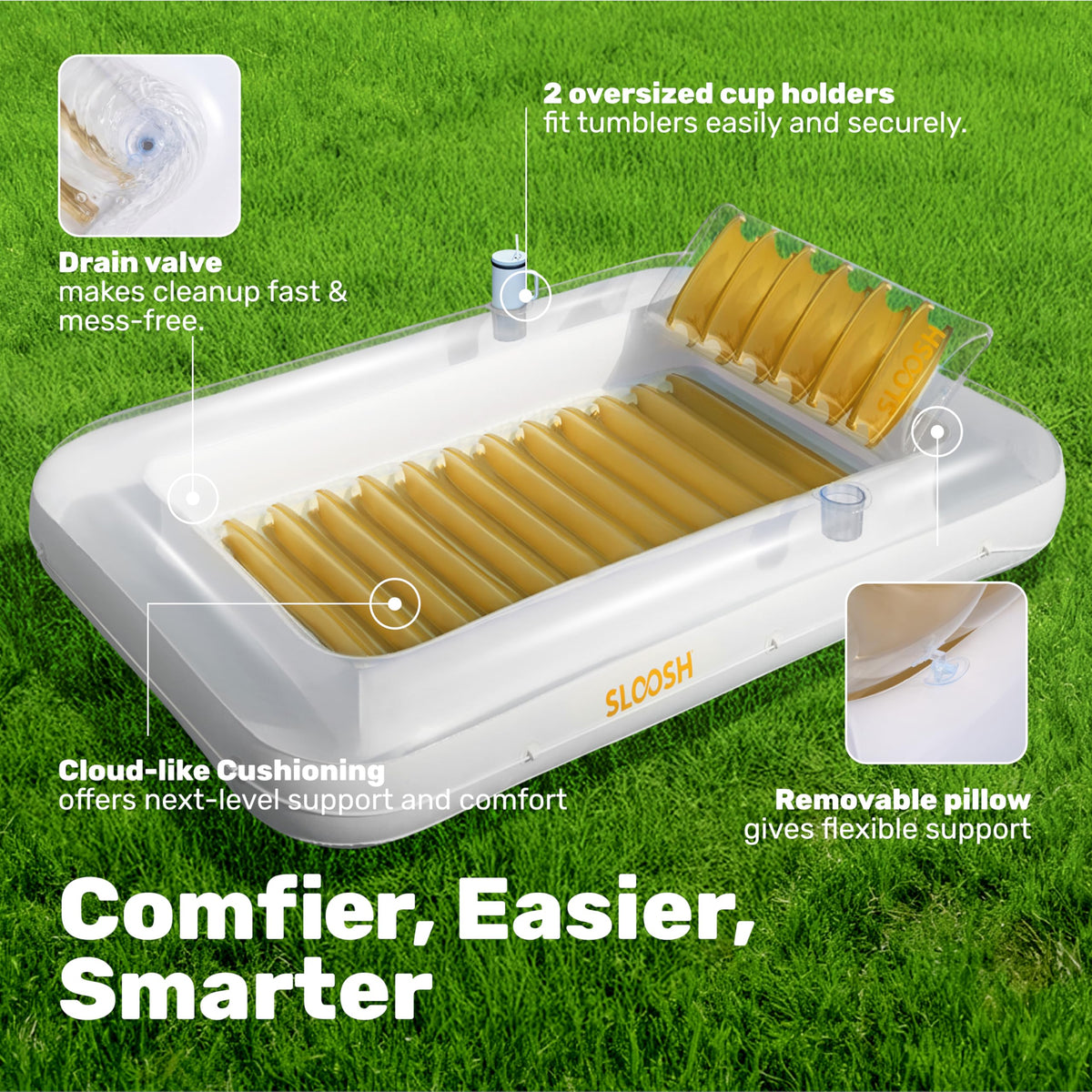 Sloosh tanning pool lounger with two drink holders keeps beverages within easy reach.