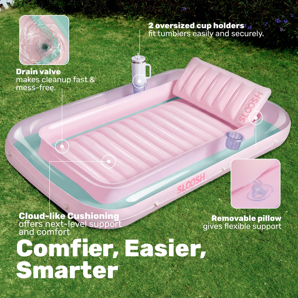 Sloosh tanning pool lounger features two drink holders for refreshments.
