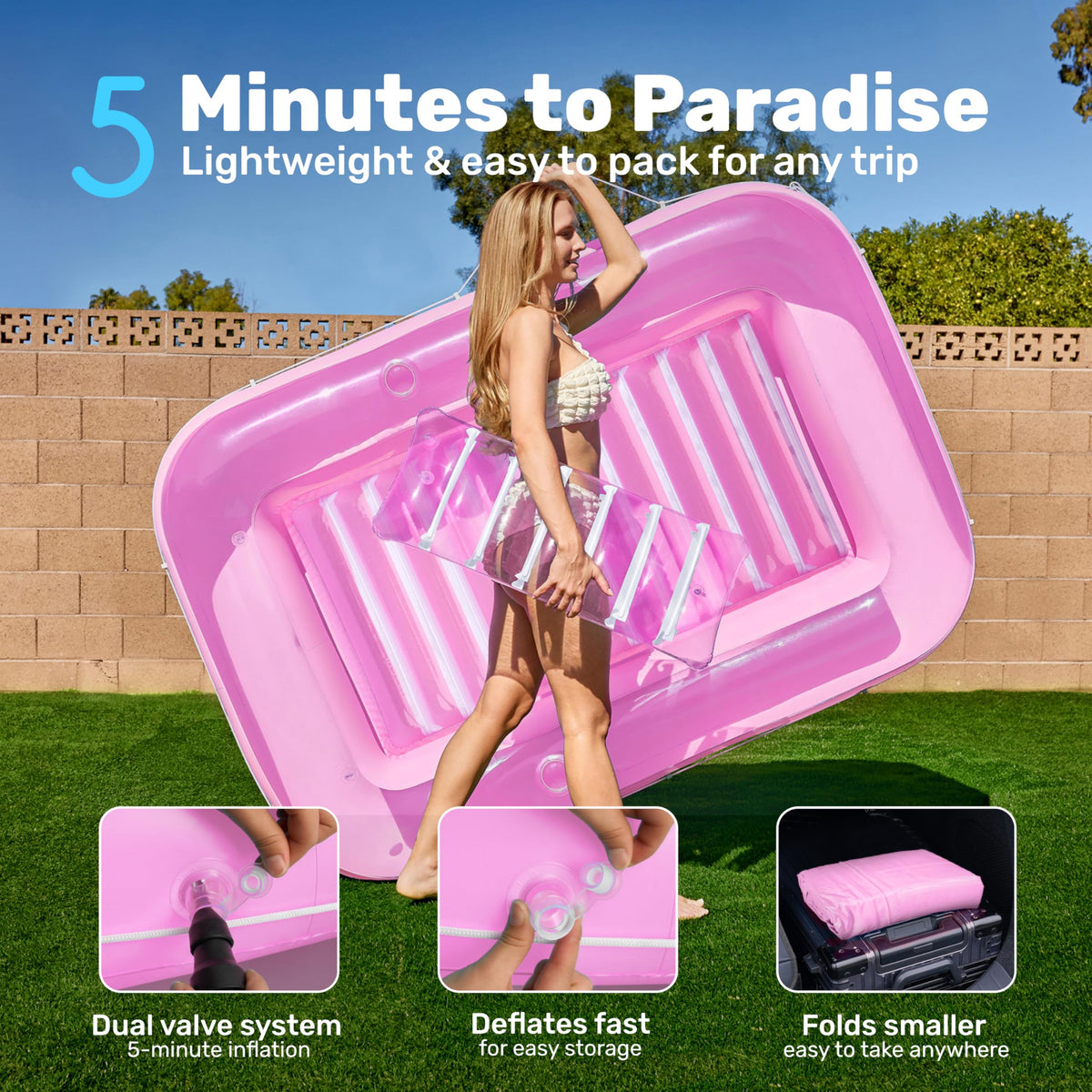 Sloosh tanning pool lounger UV-resistant PVC construction for outdoor durability.