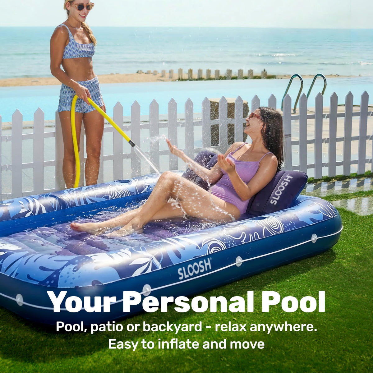 Sloosh lounger shows wrap-around grab line for stable, social floating.