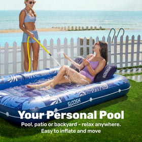 Sloosh lounger shows wrap-around grab line for stable, social floating.