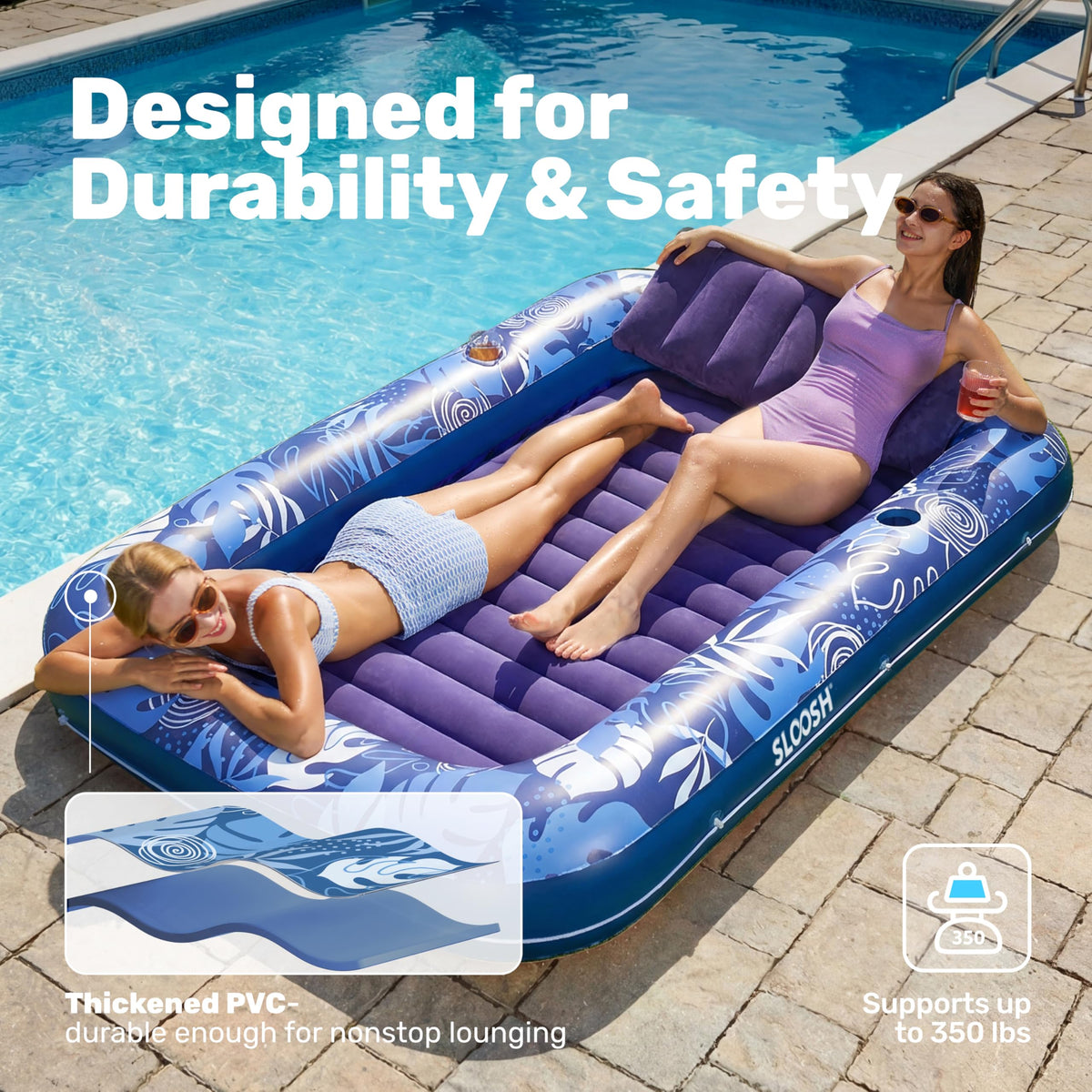 Pad eyes allow secure tying on the Sloosh pool bed.