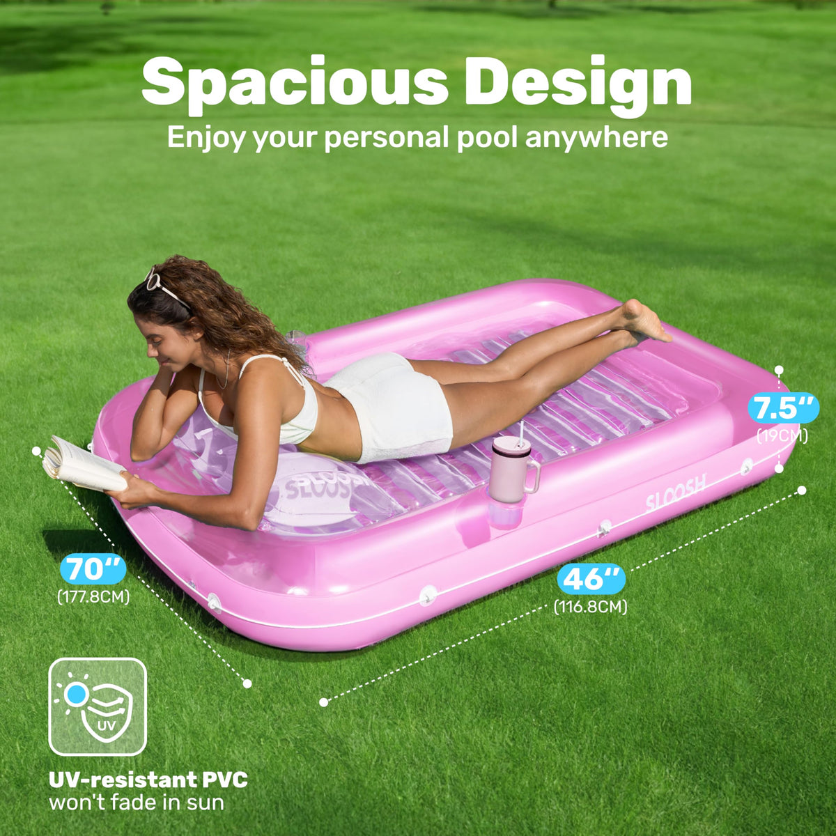 Sloosh tanning pool lounger pillow closeup showing removable headrest for comfort.
