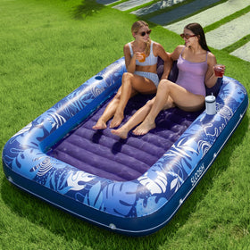 Sloosh inflatable tanning pool lounger with pillow offers comfortable shared sunbathing.