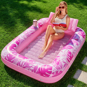 Sloosh inflatable tanning pool lounge with removable pillow for relaxed sunbathing.