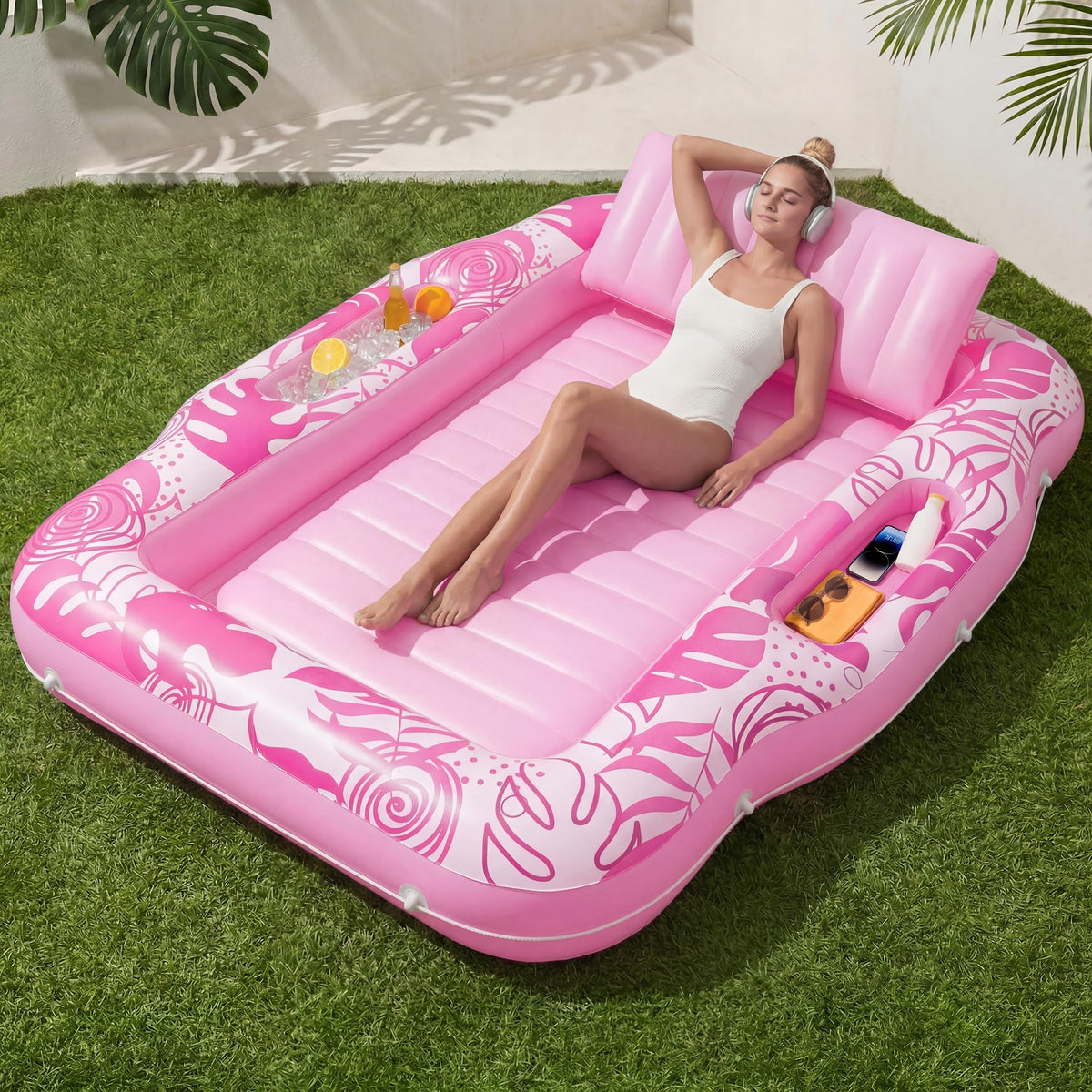 SLOOSH inflatable tanning pool lounger pink with spacious layout for solo sunbathing