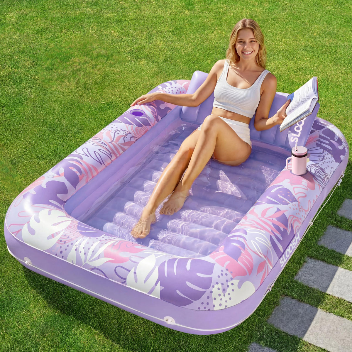 Sloosh inflatable tanning pool lounger purple side view for solo sunbathing