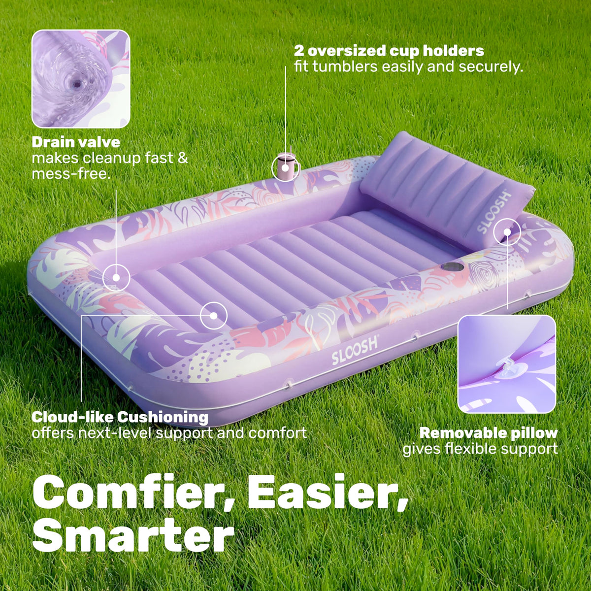 Sloosh pool float with wrap-around rope for stability during use