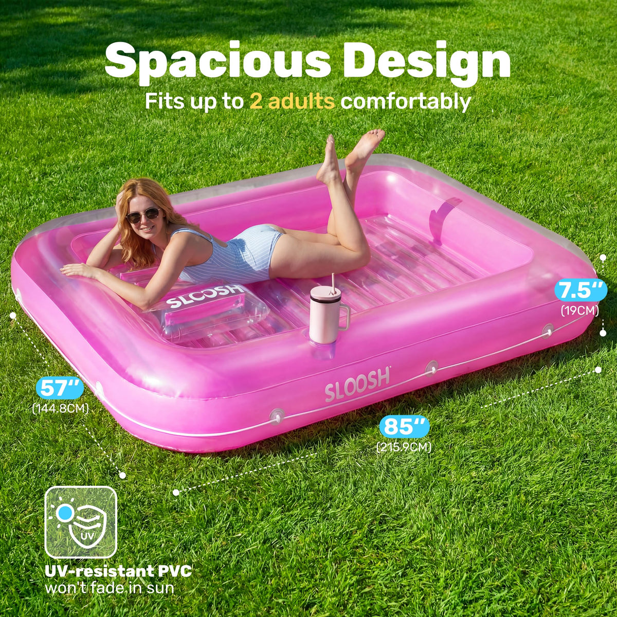 Sloosh pink lounger shows removable pillow for adjustable comfort on sunny days.