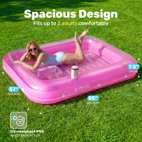 Sloosh pink lounger shows removable pillow for adjustable comfort on sunny days.