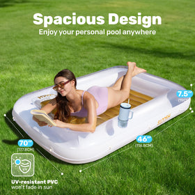 Sloosh tanning pool lounger with removable pillow provides ergonomic comfort for extended sun sessions.