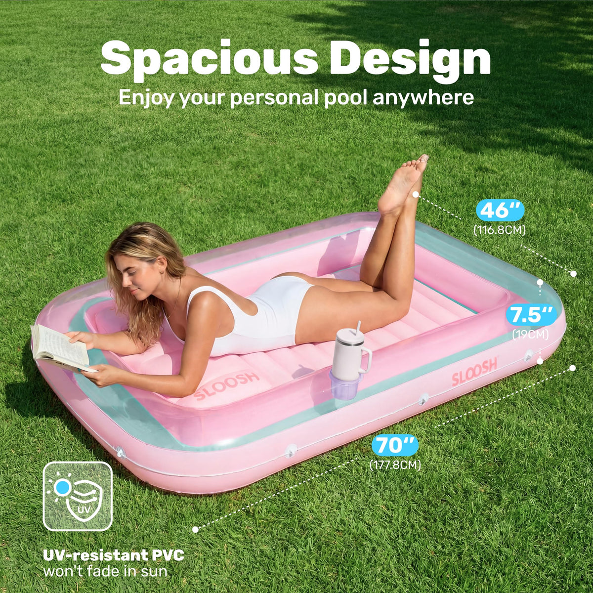 Sloosh inflatable tanning pool lounger with removable pillow for adjustable comfort.