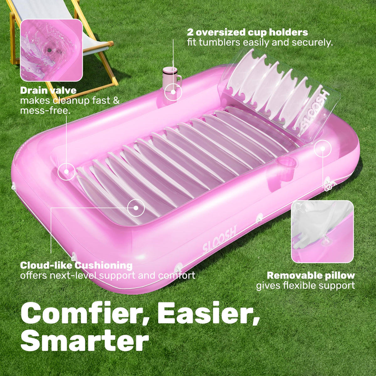 Sloosh tanning pool lounger ribbed cushion base supports relaxed posture.