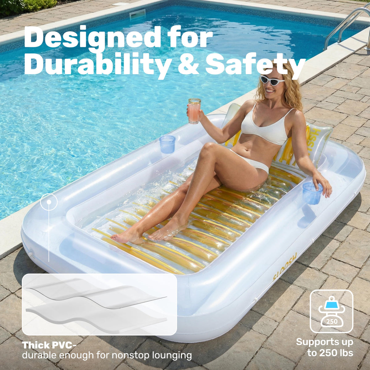 Sloosh tanning pool lounger wrap-around rope adds stability for solo backyard lounging.