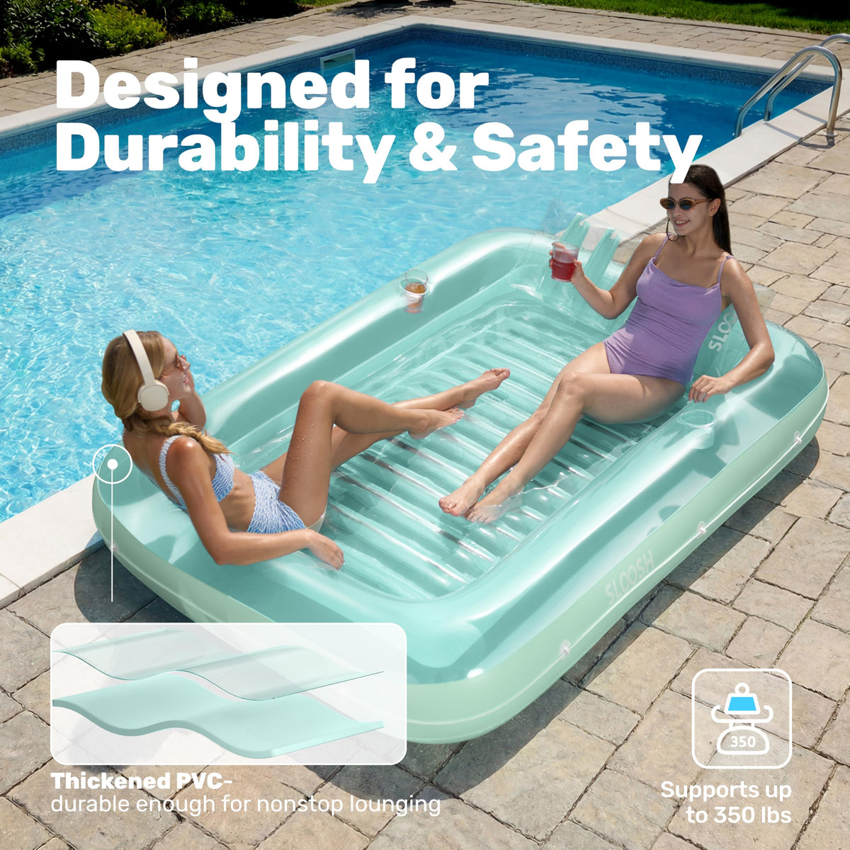 Sloosh integrated pad eyes enable secure tying for stable floating.