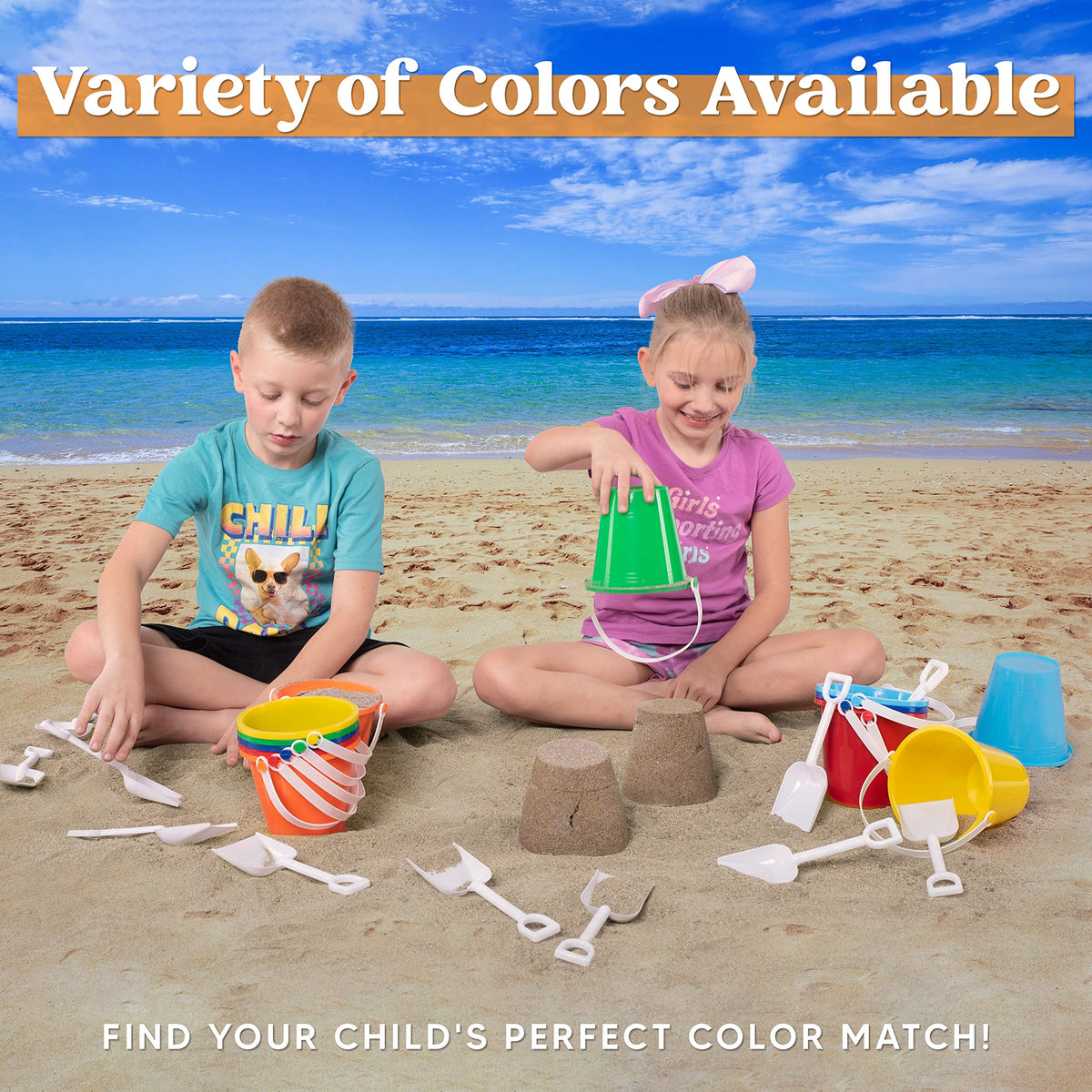 Sloosh kids beach shovels with colorful buckets for easy sand play