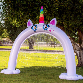 Sloosh unicorn arch sprinkler enhances backyard celebrations with water play