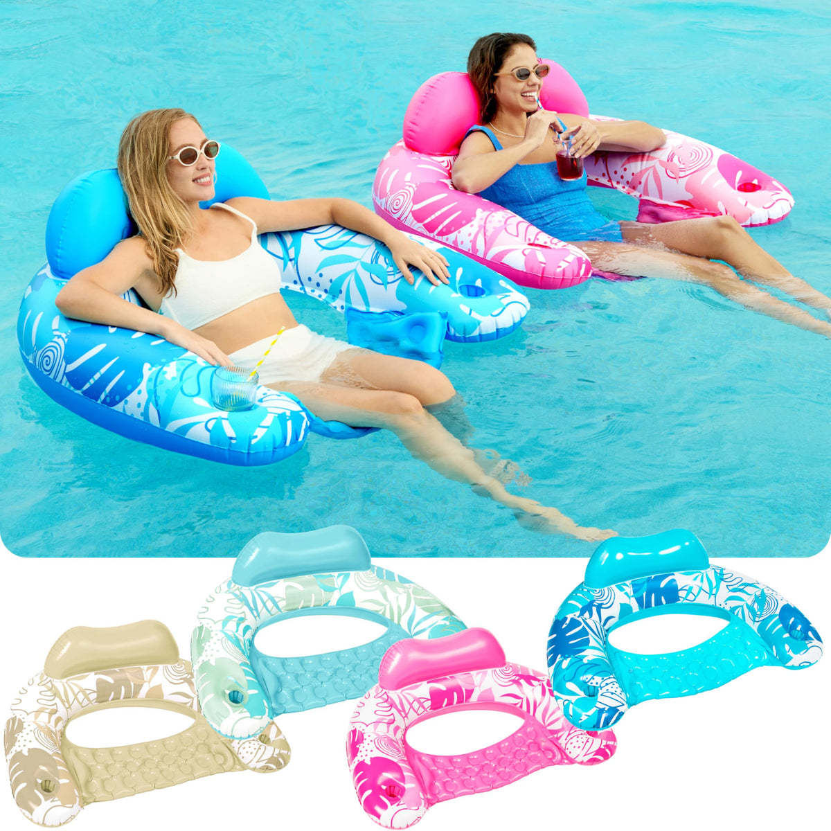Sloosh leaves-design pool chair cyan with comfortable poolside recline.